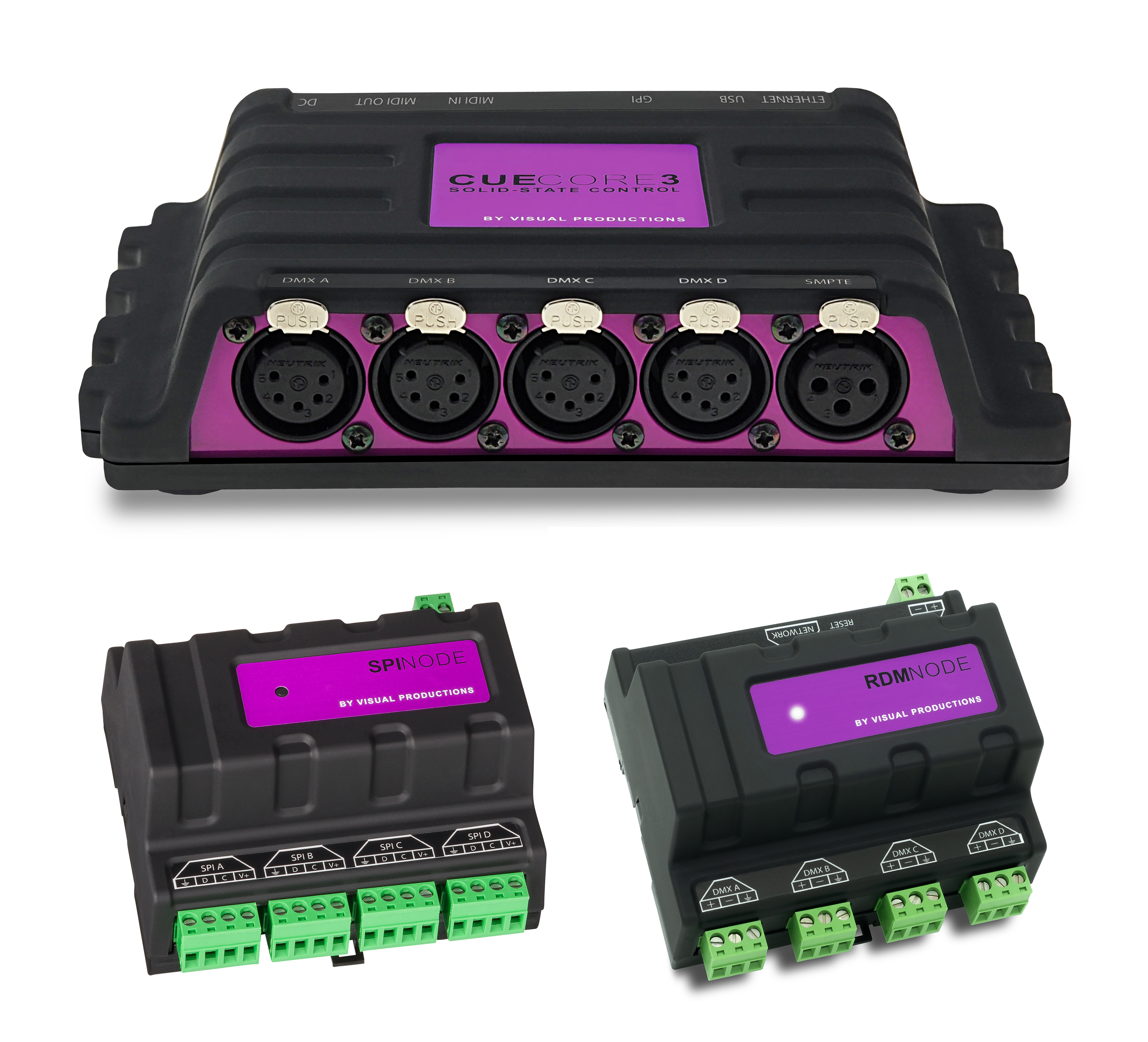 Visual Productions CueCore3 DMX lighting controller (top center),  SpiNode four-port SPI converter (bottom left) and RdmNode conversion node (bottom right)