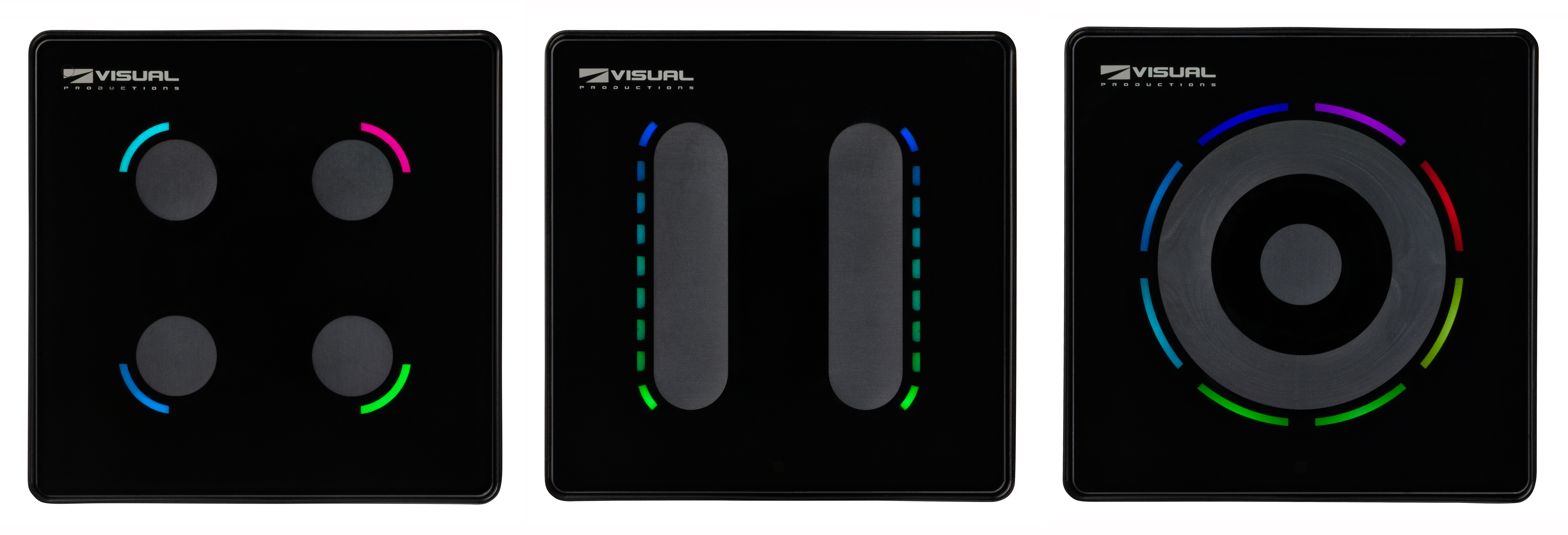The Visual Productions NetPanel series includes the B4 Button Panel (left),  F2 Fader Panel (center) and E1 Rotary-encoder Panel (right).