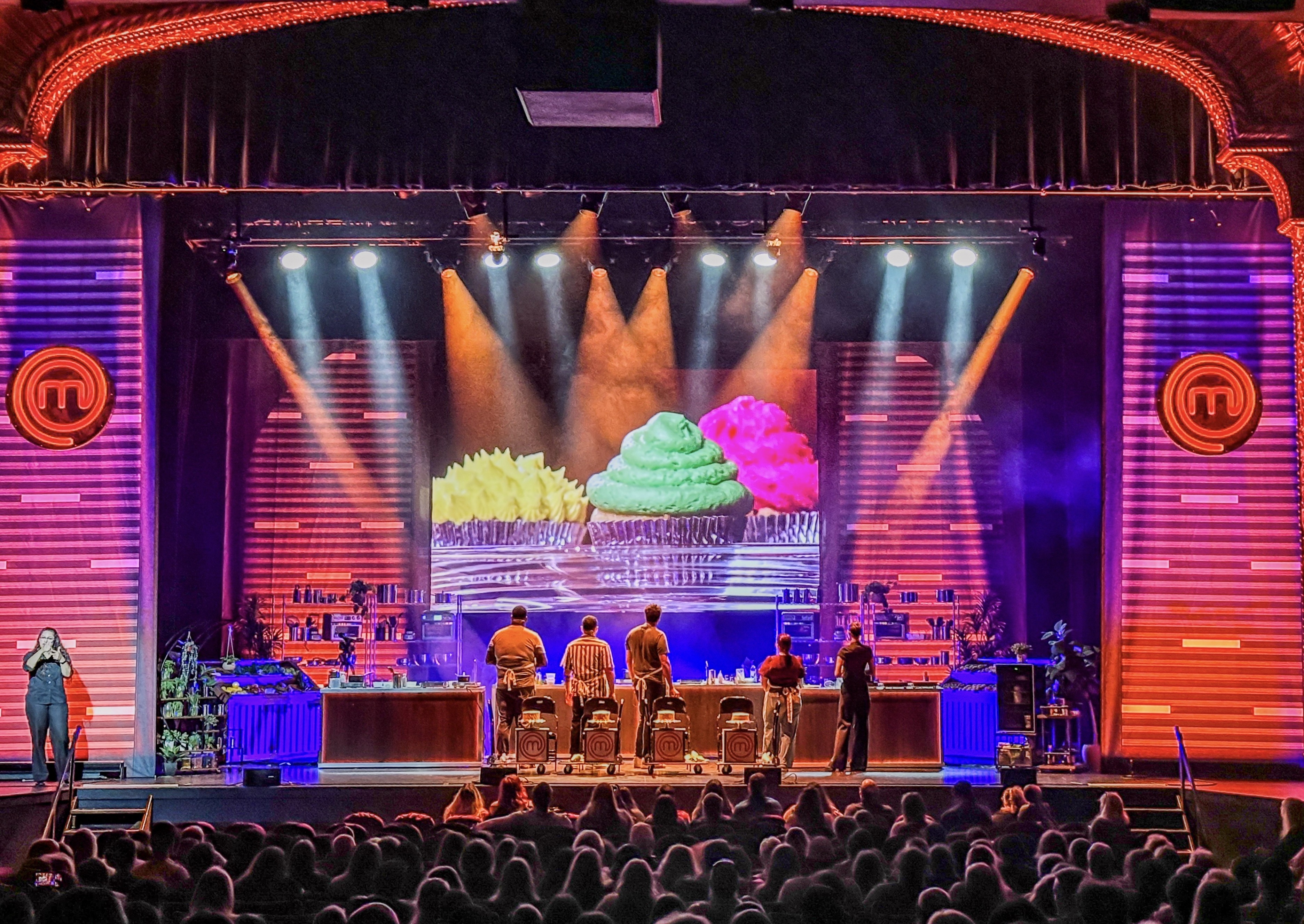 The Hippotizers synchronized show timers, camera feeds and switching, audio cues, and lighting.